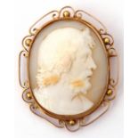 Victorian hardstone oval cameo brooch, a classical figure of a gentleman in profile, framed in a