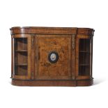 19th century walnut credenza with satinwood inlay and decorative brass mounts, fitted centrally with