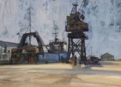 AR Moira Huntly, RI, PPPS, RWA, RSMA (born 1932) "The Julius Girmundsson Unloading at Hull Docks"