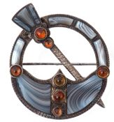 Citrine agate Scottish brooch, designed as a thistle and lock, inlaid with agate and accented with