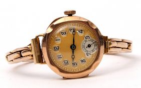 Ladies first quarter of 20th century 9ct gold cased wrist watch with blued steel hands to a gilded