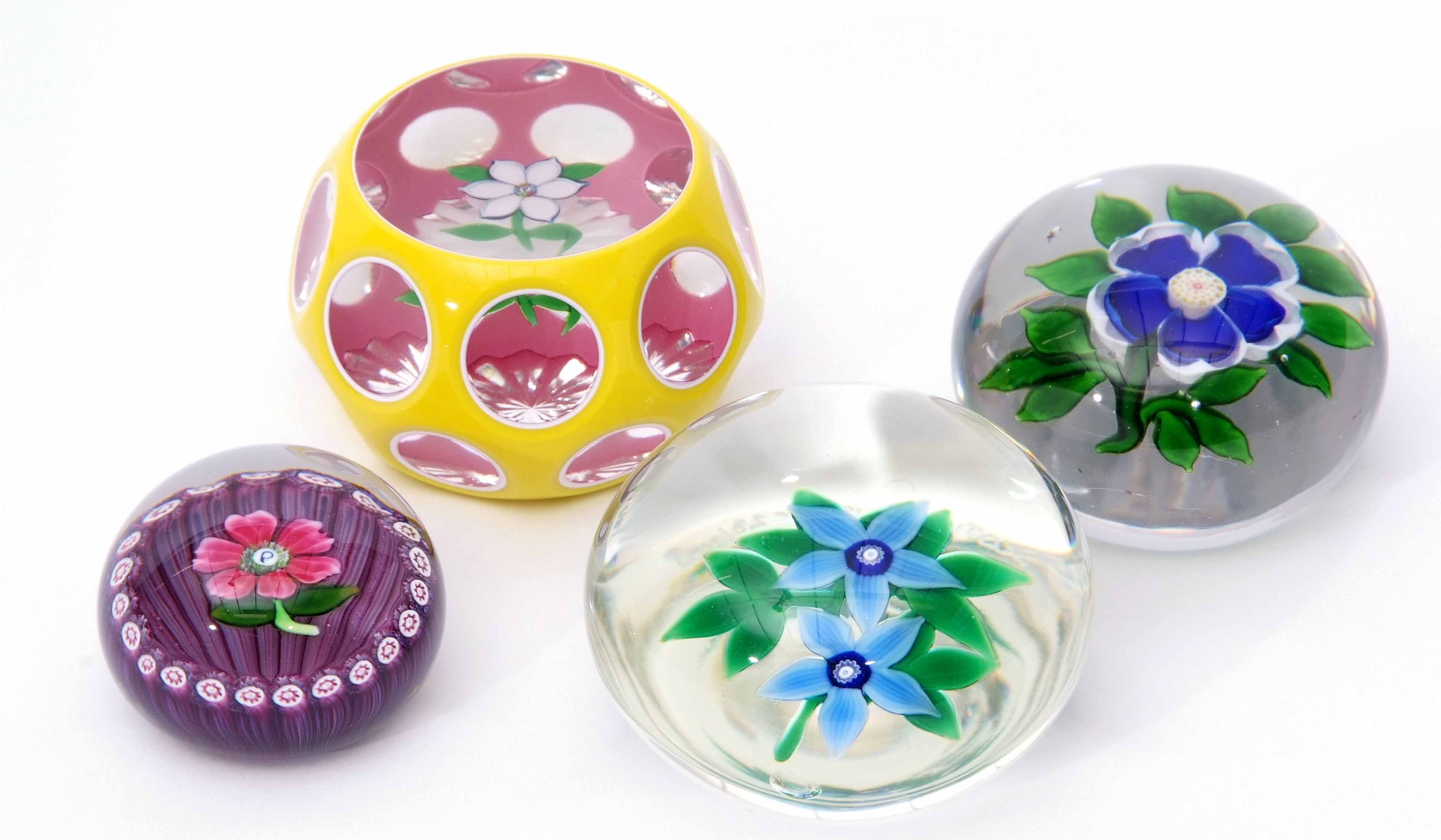 Group of four paperweights including a Baccarat primrose weight with a blue flower with white - Image 3 of 8