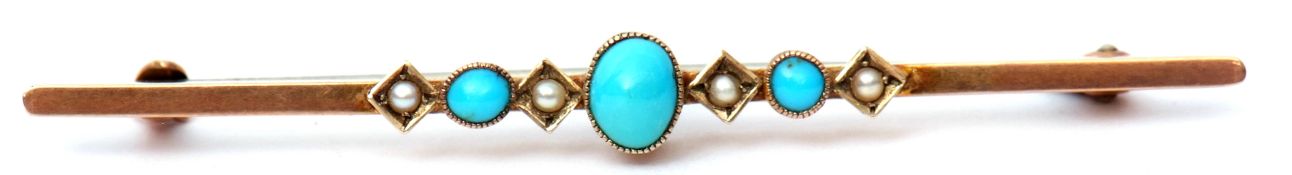 Antique turquoise and seed pearl brooch featuring three graduated turquoises between four small seed