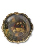 19th century lacquered cake dish of shaped circular form applied with an acorn moulded gilt metal