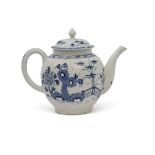 18th century Lowestoft porcelain tea pot decorated in underglaze blue with a chinoiserie design, the