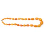 Vintage amber bead necklace, a single row of graduated oblong beads, 1-2cm of butterscotch and egg