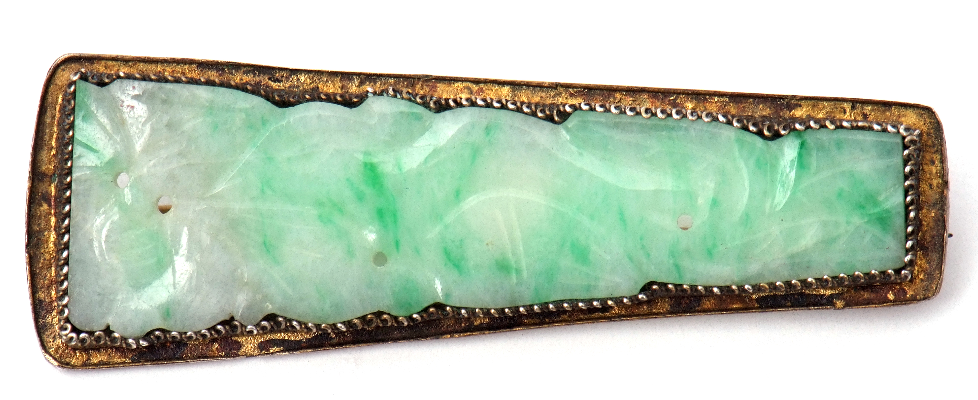 Antique Chinese carved jade brooch, the elongated shaped panel carved with a foliate and squirrel - Image 2 of 4