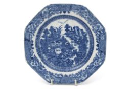 Late 18th century English porcelain plate of octagonal form, probably Caughley, with a printed