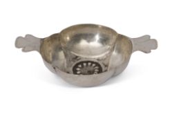 Late 18th century Scottish (?) provincial miniature quaich with prick engraving decoration,