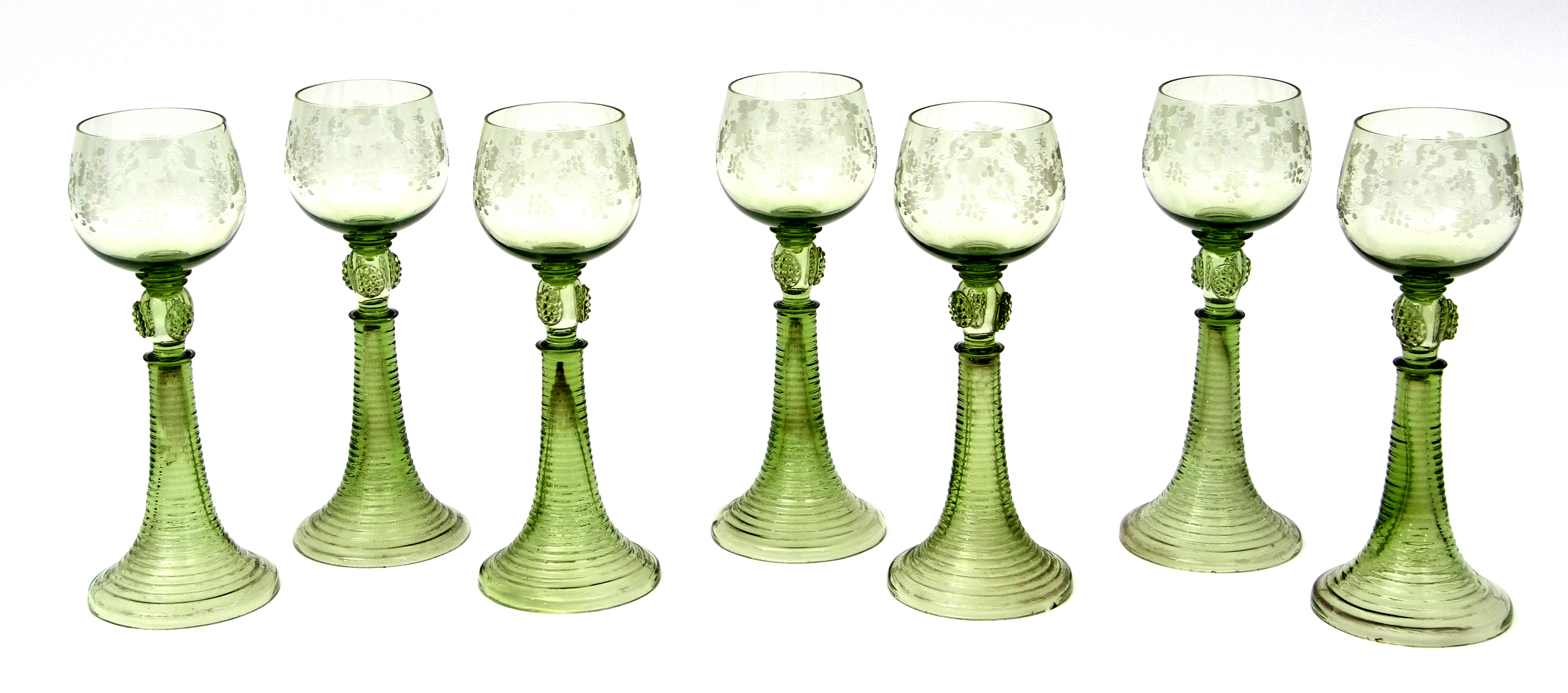 Group of seven Bohemian wine glasses, the bowls engraved with a fruiting vine design above a stem - Image 2 of 5