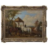 Attributed to John Frederick Herring (1795-1865) Farmstead with horses, pigs and cattle etc oil on