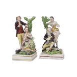 Two unusual early 19th century pearlware groups of a lady and gentleman, the gentleman combing the