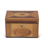 Small Sheraton style caddy box, of rectangular form, the lid inset with central shell panel and with