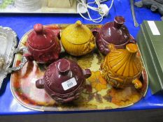 TRAY CONTAINING FIVE NOVELTY STORAGE JARS TO INCLUDE BEETROOT, ONIONS ETC