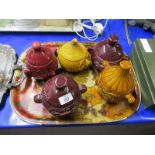 TRAY CONTAINING FIVE NOVELTY STORAGE JARS TO INCLUDE BEETROOT, ONIONS ETC