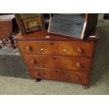 VICTORIAN MAHOGANY THREE FULL WIDTH DRAWER CHEST WITH TURNED KNOB HANDLES RAISED ON BUN FEET