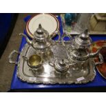 SILVER PLATED FOUR PIECE TEA SET WITH ETCHED TWO HANDLED TRAY