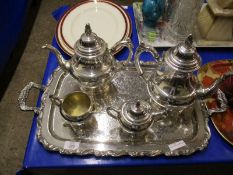 SILVER PLATED FOUR PIECE TEA SET WITH ETCHED TWO HANDLED TRAY