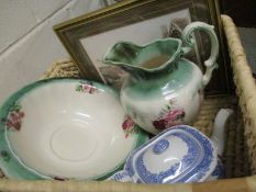 ROSE DECORATED WASH JUG AND BOWL, A BLUE AND WHITE PRINTED MODERN SPODE TEA POT ETC