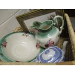 ROSE DECORATED WASH JUG AND BOWL, A BLUE AND WHITE PRINTED MODERN SPODE TEA POT ETC