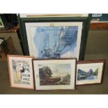 GROUP OF MIXED GREEN FRAMED CONTINENTAL PRINTS ETC