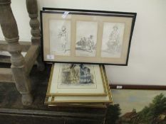 THREE VICTORIAN HAND COLOURED FASHION PRINTS, TWO FURTHER PRINTS AND OTHERS (7)