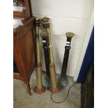 TEAK AND BRASS TWISTED COLUMN LAMP AND TWO FURTHER TURNED COLUMN LAMPS WITH BRASS BASES (4)