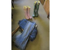 TWO PAIRS OF HUNTERS WELLINGTON BOOTS, JEANS ETC