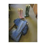 TWO PAIRS OF HUNTERS WELLINGTON BOOTS, JEANS ETC