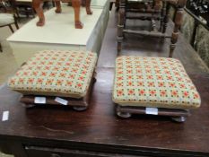 PAIR OF 19TH CENTURY MAHOGANY SQUARE FORMED SQUAT FOOT STOOLS WITH STARBURST TYPE UPHOLSTERY