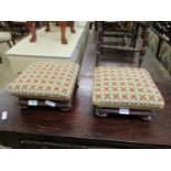 PAIR OF 19TH CENTURY MAHOGANY SQUARE FORMED SQUAT FOOT STOOLS WITH STARBURST TYPE UPHOLSTERY