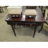 19TH CENTURY MAHOGANY FOLD OVER TEA TABLE WITH SINGLE DRAWER WITH TURNED KNOB HANDLES RAISED ON RING