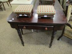 19TH CENTURY MAHOGANY FOLD OVER TEA TABLE WITH SINGLE DRAWER WITH TURNED KNOB HANDLES RAISED ON RING