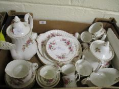 BOX CONTAINING ROYAL ALBERT MOSS ROSE PART TEA WARES