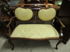 EDWARDIAN MAHOGANY SATINWOOD INLAID YELLOW UPHOLSTERED COTTAGE SOFA ON CABRIOLE FRONT LEGS