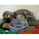 TRAY CONTAINING SILVER PLATED GALLERIED EDGE TRAY, BLUE AND WHITE SQUARE FORMED BOWL, CLOCK, DOOR