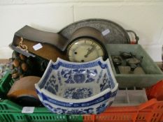 TRAY CONTAINING SILVER PLATED GALLERIED EDGE TRAY, BLUE AND WHITE SQUARE FORMED BOWL, CLOCK, DOOR