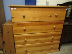 EXTREMELY LARGE STAINED PINE FOUR FULL WIDTH DRAWER CHEST WITH TURNED KNOB HANDLES