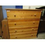 EXTREMELY LARGE STAINED PINE FOUR FULL WIDTH DRAWER CHEST WITH TURNED KNOB HANDLES