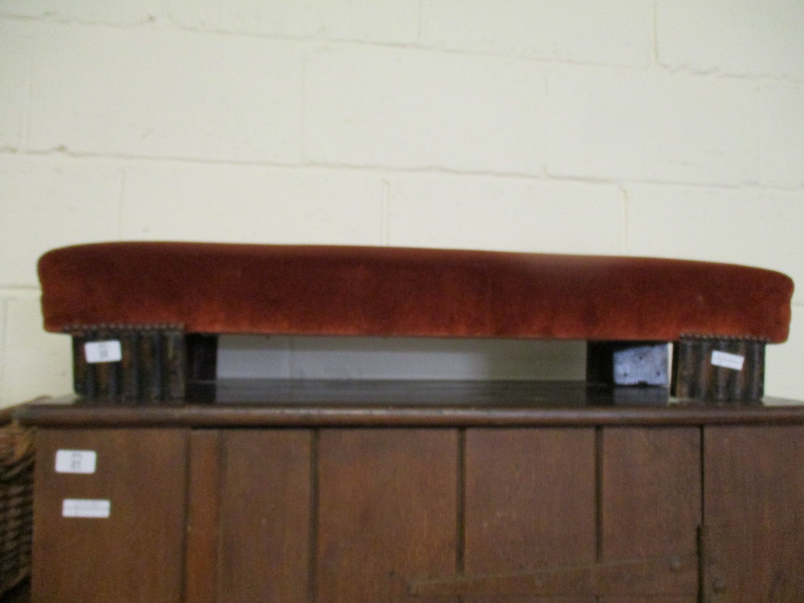 MAHOGANY FRAMED SQUAT RECTANGULAR STOOL UPHOLSTERED IN RED VELVET