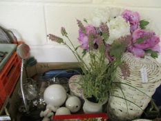 BOX CONTAINING ORNAMENTS, FAKE FLOWERS ETC