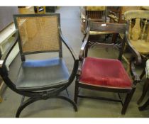 REGENCY X-FRAMED EBONISED CANE BACK CHAIR AND A FURTHER WILLIAM IV MAHOGANY BAR BACK CHAIR WITH