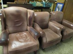 MODERN LEATHER UPHOLSTERED WING FIRESIDE CHAIR AND A PAIR OF CHOCOLATE LEATHER UPHOLSTERED CLUB