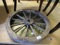 SMALL PINE MADE CARTWHEEL TOGETHER WITH A PRESSED INDIAN BRASS TRAY