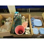 THREE BOXES CONTAINING CHINA WARES, BLUE SQUARE FORMED PART DINNER WARES, MINTONS SAUCERS, FURTHER