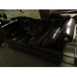 BROWN LEATHERETTE THREE-SEATER SOFA WITH BUTTON DETAIL