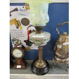 VICTORIAN BRASS OIL LAMP WITH BLACK SLAG GLASS BASE AND VASELINE GLASS SHADE