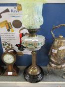 VICTORIAN BRASS OIL LAMP WITH BLACK SLAG GLASS BASE AND VASELINE GLASS SHADE