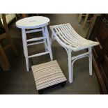WHITE PAINTED OVAL TOP STOOL AND A BAMBOO CHAIR AND A GOUT TYPE STOOL (2)