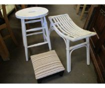 WHITE PAINTED OVAL TOP STOOL AND A BAMBOO CHAIR AND A GOUT TYPE STOOL (2)